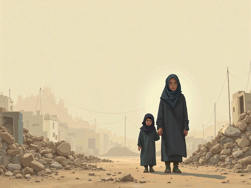 A beautiful gentle and caring Palestine Mother donning hijab teaching her children of the coming of the true Messiah, insanely detailed and intricate background City ruin scene with some other characters and objects, a masterpiece cinematic photo realistic illustration of Color Comic Maestro Don Lawrence, super detailed, high resolution, full vibrant color, volumetric lighting, octane render, octane lighting