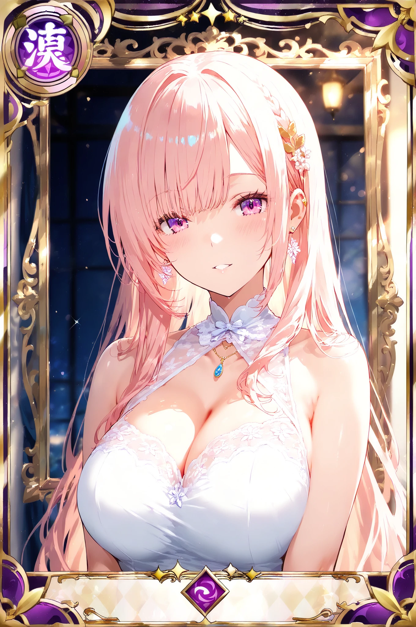 1 female、爆乳、cleavage of the breast、Pink hair、Garnet Eyes、length hair、beautiful, shiny, soft hair、Cinderella、Cinderella's Castle、sparkling pink lace dress、natta、moonlight、It's snowing、Pink lip、耳环、White lace ribbon、frilld、Sparkling eyes、Sapphire brooch、The dress is studded with sapphires、from the front side、(​masterpiece:1.2)、(illustratio)、(top-quality:1.2)、(ultra-detailliert:1.2)、(8k)、(HDR)、(电影灯光)  )、(wall-paper)、(Crisp focus)、(with an intricate)、(The upper part of the body)