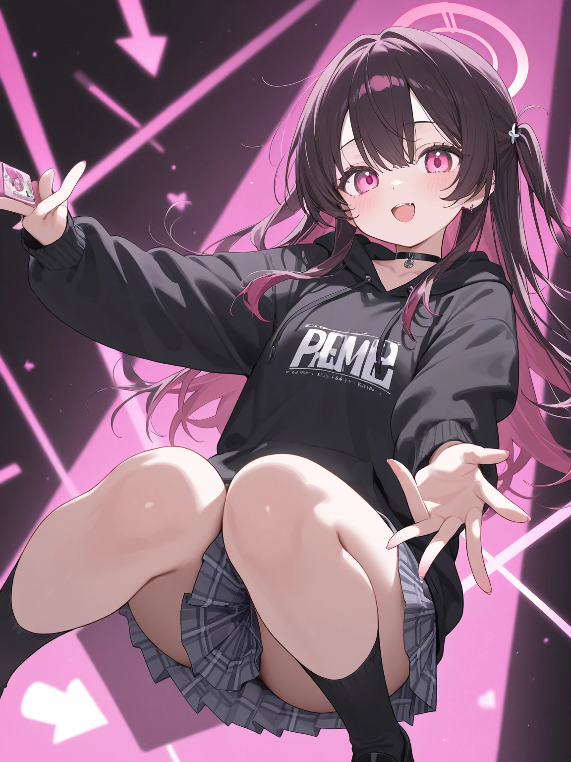 ((1 Girl)), Latest Trends in Clothing, Red Check Skirt, Black clothes ,Squat, Squat, Street fashion,Cowboy Shot,((Very detailed,Highest quality, High resolution, 8k wallpaper, Beautiful clothes,)),((Black Hair, Long Hair,Straight hair,Both sides up)), (teeth), Grinning face, eye shadow, eyeliner,Glowing Eyes, Very detailed目, Clear Eyes, Beautiful Eyes, ((Glowing pink eyes)), 15-year-old girl.