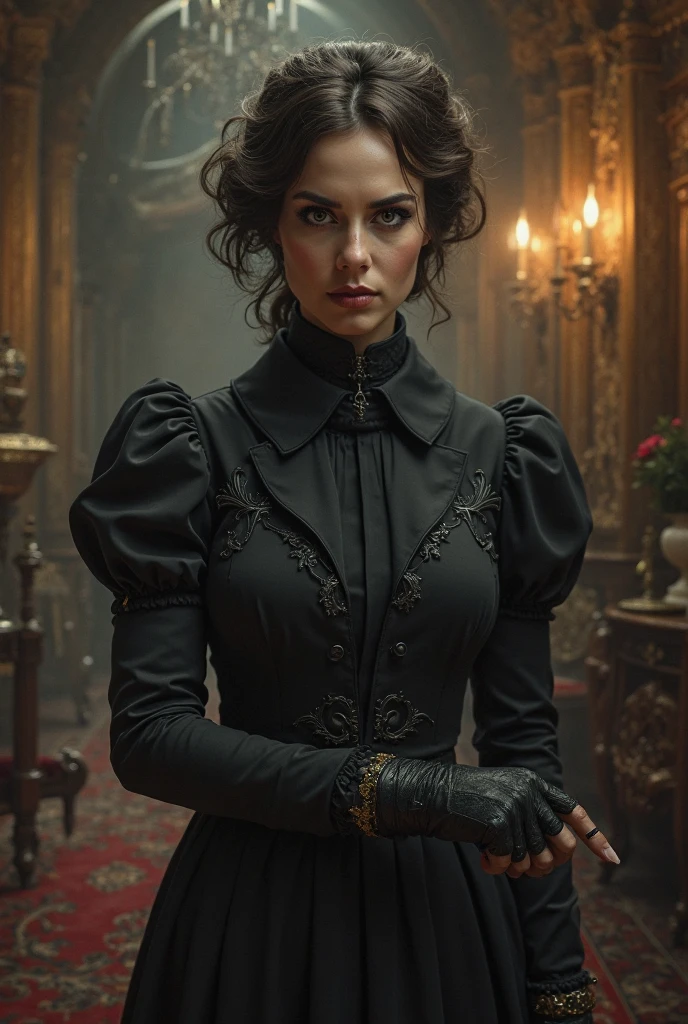 Foto hiperrealista en primer plano de Adriana Lima, Create dystopian masterpieces, victorian era clothing, rich dress, wearing a Victorian-era dress with long-sleeves, green dress, victorian saloon, cinematic light,  beautiful woman, skinny, medium breasts, black short bob cut hair, detailed face, smile. smile, facing the camera, photo taken from a distance, age of 18 years old