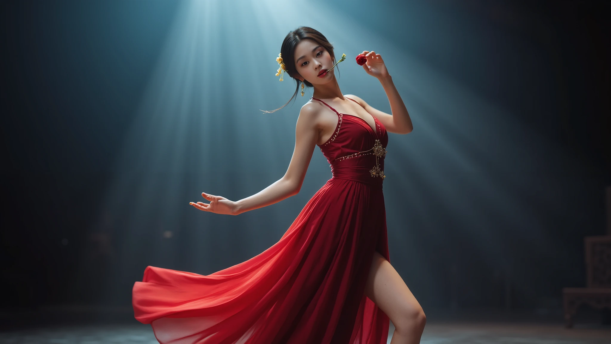 (low angle view, full action, motion blur, very dark stage). (in the foreground, medium shot, photorealistic, dancing with (a close-up:1.5 1rose in her mouth)), a young cold large-breast:1.1 eastern 1woman in a very sexy elegant deep-v 酒红吊带裙, upskirt, slim body, slim face, legs opened, detailed face, yellow flower hairpin), looking at veiwer, blur sportlight background.