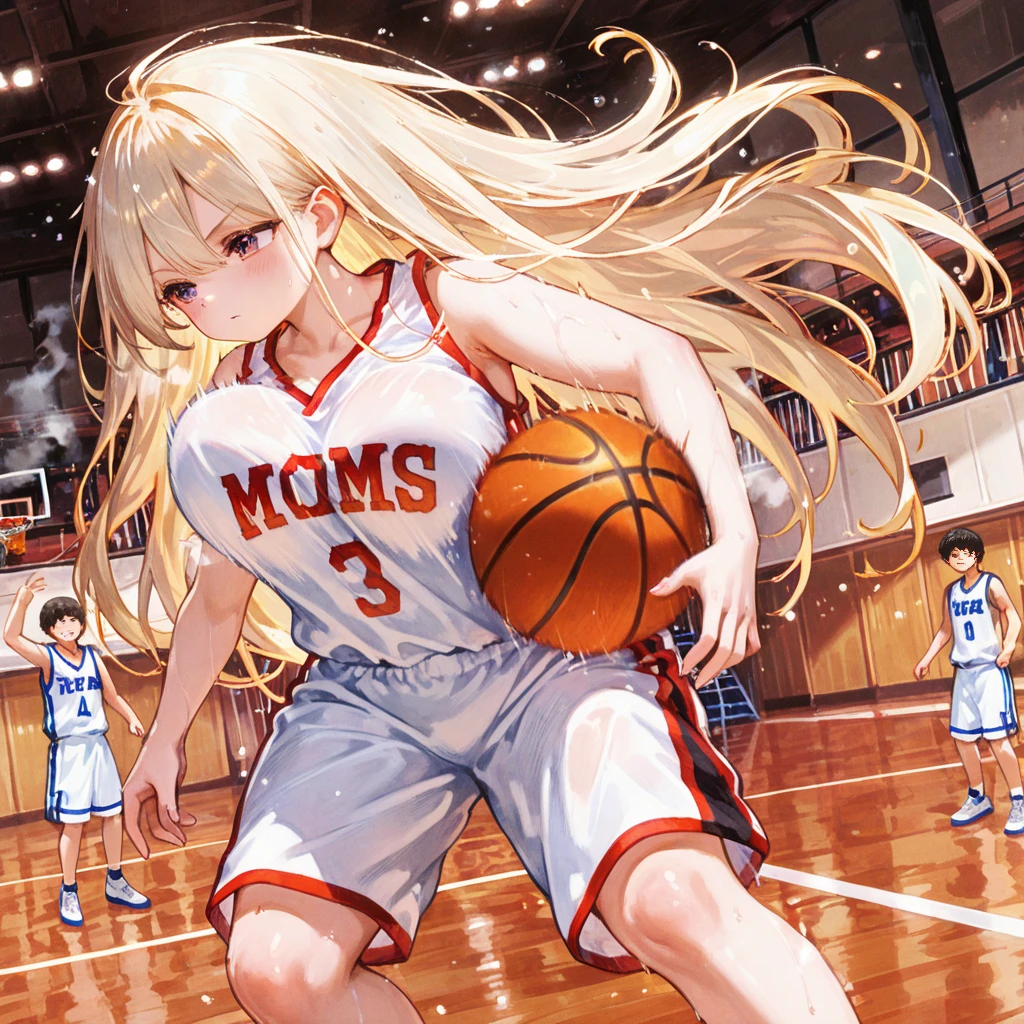 Stand in front of the photo、1girl in, (((dark skin))), Full body, long wild white hair pulled back, sneakers, look of concentration, kawaii pose, sporty, basketball, Wearing colored tights, up of face、Eye Up、Colorcon with heart pattern, basketball clothing, posing with basketball、