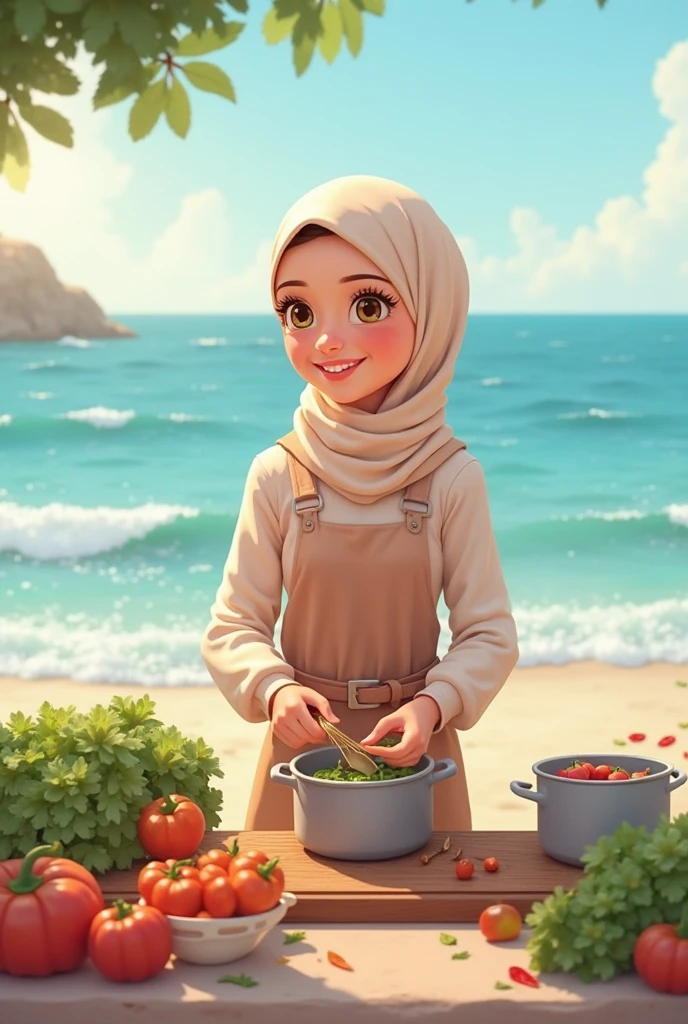 A woman with hijab eat fread rabbitfish