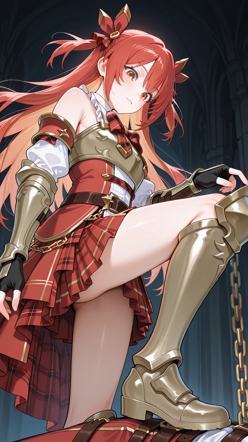 masterpiece, best quality, {best quality}, {{masterpiece}}, {highres}, focus, anime style, 1 girl, red maroon long hair, wearing armorred dress, knight girl, holding a sword, red eyes, castle background, fantasy
