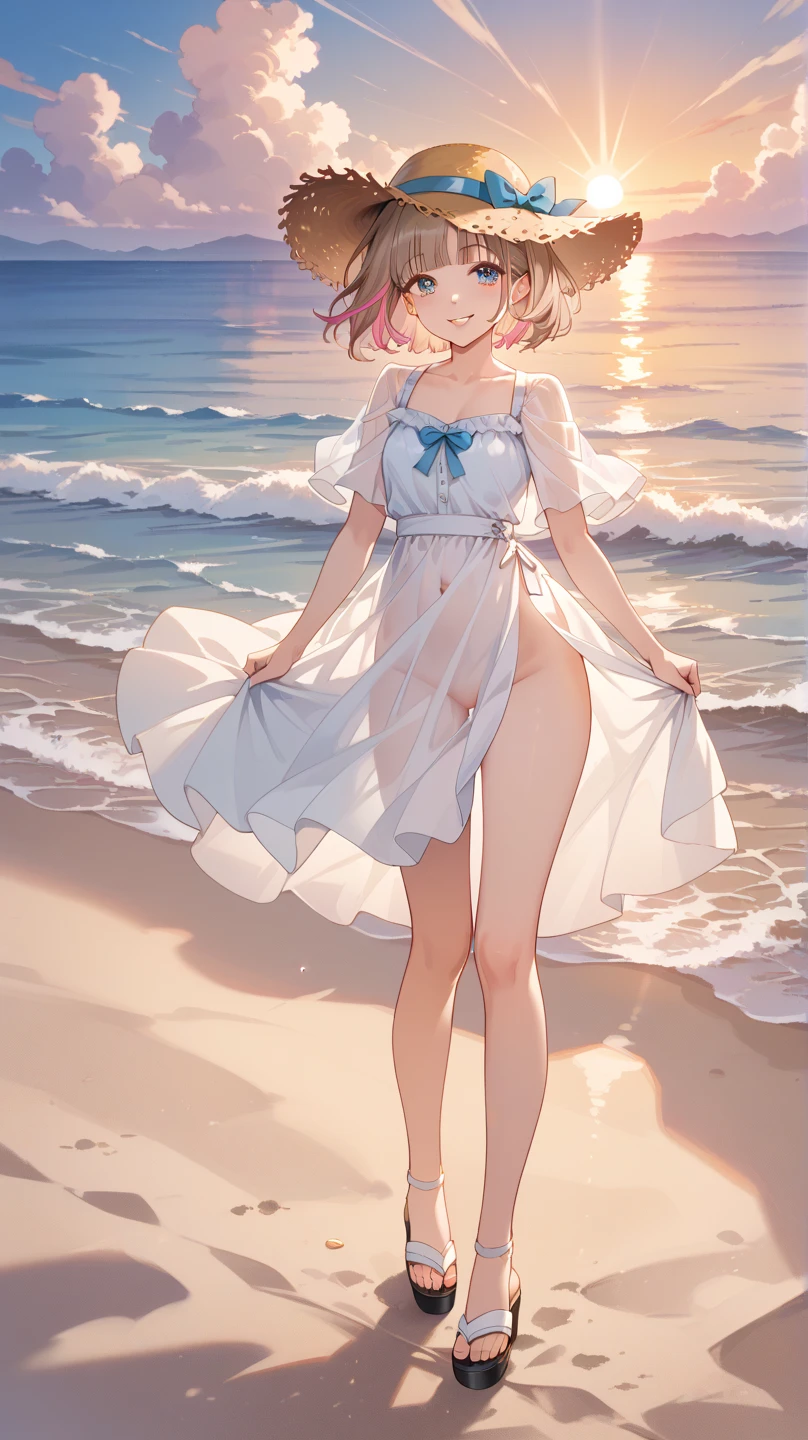 Girl with pink hair, long double-tailed hairstyle ((small pink bushy eyebrows)), lolicon, dressed in a white dress, wet dress marked on the body, wet dress, silhouette of her body seen through the dress, in the beach, lighting at sunset her body through the wet dress, transparent dress, very marked space between thighs, Thigh Gap, marked vagina, marked breasts in a wet dress, giving a blowjob to a male, 1 girl , 1 male, doggystyle sex