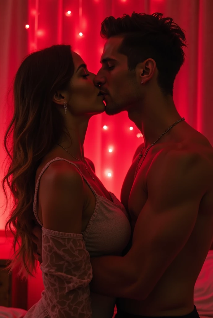 cute,Sexy girl in sexy red one-piece lingerie. Has very large breasts. With my ponytail and bare feet. She looks sexy even without makeup. (Her prominent boyfriend pulled her onto his lap.). She started to get bruised. (He pins her down on the bed), Her hair is open . They are locking lips