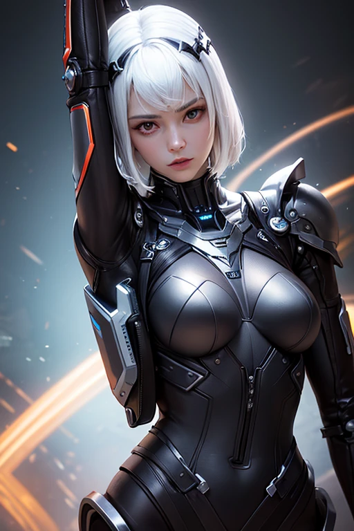 short silver hair, a beautiful woman in a red crop top mecha metal suit, showing her perfect abs, extremely detailed eyes and face, beautiful detailed eyes and lips, plump body, cleavage, abs, big thighs, on a battlefield, cinematic, full frame shot, (best quality,4k,8k,highres,masterpiece:1.2),ultra-detailed,(realistic,photorealistic,photo-realistic:1.37),HDR,UHD,studio lighting,ultra-fine painting,sharp focus,physically-based rendering,extreme detail description,professional,vivid colors,bokeh,highly detailed mecha armor, intricate mechanical details, glowing neon highlights, dramatic lighting, cinematic camera angle, post-apocalyptic environment, dystopian sci-fi