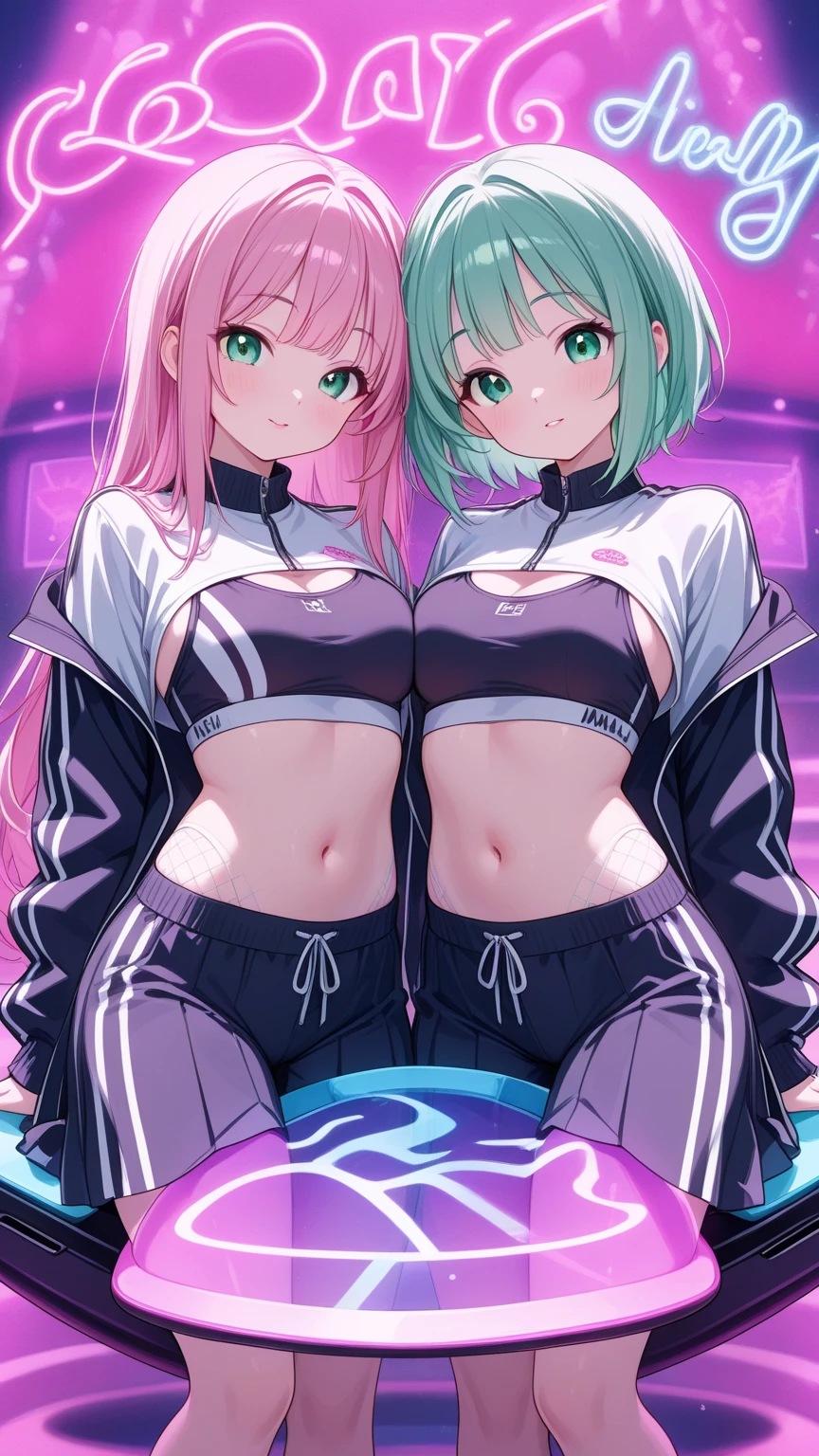 1 girl, gwenpool, blond hair with pink highlights, short blond hair, pink highlights, cute girl, blue eyes, perfect eyes, detailed eyes, short pink gym skirt, gymskirt, sportskirt for woman, crop top, she wears a crop top, cute girly outfit, perfect body, best female curves. pefect image, no faults in image, best image ever, 8k resolution. *gwenpool from marvel*