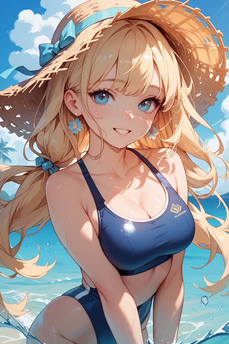 The third Nymph has long hair tied in a ponytail and wears a straw-colored bikini with white stripes. SPARKLE; GLITTER