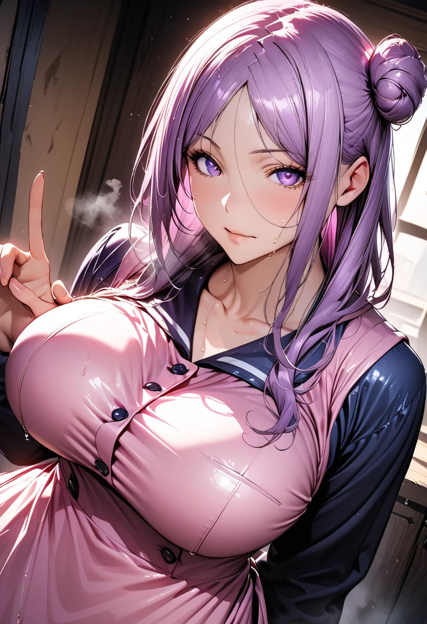 ((Tilt your body forward)), (Place your hands on your hips pose), ((Pose with emphasis on the chest)),(She was very embarrassed and blushed).(A bright red face that was very excited with shame),,(blush),(Broad white and thin shirt with chest), (A white and thin shirt with a wide open chest), (Oversized thin white t-shirts), ,(loose t-shirt),(oversized shirt), (shirt), (off shoulder), No bra, braless, downblouse, leaning forward, bright_skin, beautiful eyes, She reached a sexual climax, shirt, off shoulder, loose t-shirt, leaning forward, oversized shirt, shirt, (off shoulder), cleavage, outdoors,1girl,solo, leaning forward, collarbone, 
chris yukine,yukine_chris, long hair, low twintails, purple eyes, silver hair,  face, , cute face, 
