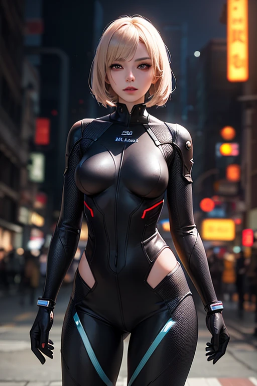 complex 3d render ultra detailed of a beautiful porcelain profile woman android face, black gross lycra body suit, luminous blue strip, cyborg, robotic parts,robotic arms, mechanic legs, look at viewer, 150 mm, soft light, rim light, vibrant details, luxurious cyberpunk, lace, hyperrealistic, anatomical, facial muscles, tight body, cable electric wires, microchip, elegant, beautiful background, octane render, H. R. Giger style, 8k, best quality, masterpiece, illustration, an extremely delicate and beautiful, extremely detailed ,CG ,unity ,wallpaper, (realistic, photo-realistic:1.37),Amazing, finely detail, masterpiece,best quality,official art, extremely detailed CG unity 8k wallpaper, full body, grin, standing, sexy pose, small breasts, futuristic city, building, outdoor