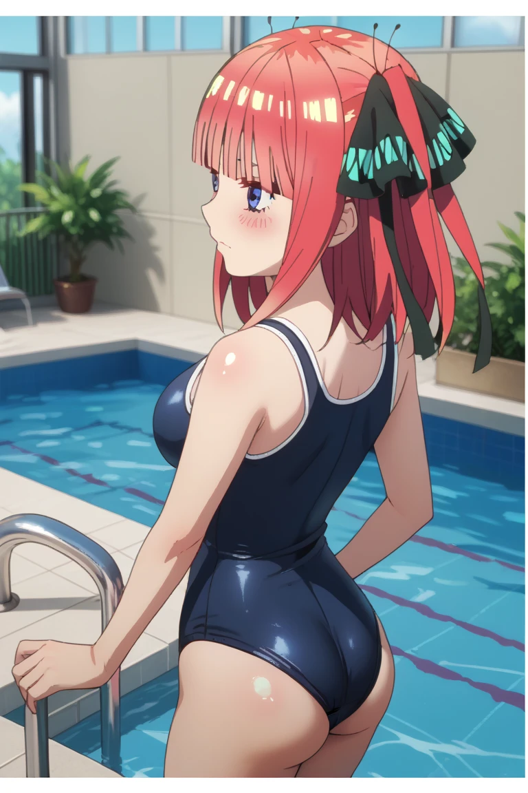 best quality, insanely detailed, nino nakano, one piece swimsuit, breasts, blush, swimming pool background, back style