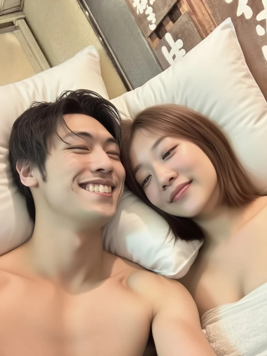 Tokyo、22 o'clock、Night view of buildings and bridges、Top floor of the hotel、Suite Room、indirect lighting、Two swimmerale、Age 27、Japanese、Bathrobes、Sweaty、King-size bed、Lying down、hug、Holding hands、Ultra HD、Real Photo、Selfie