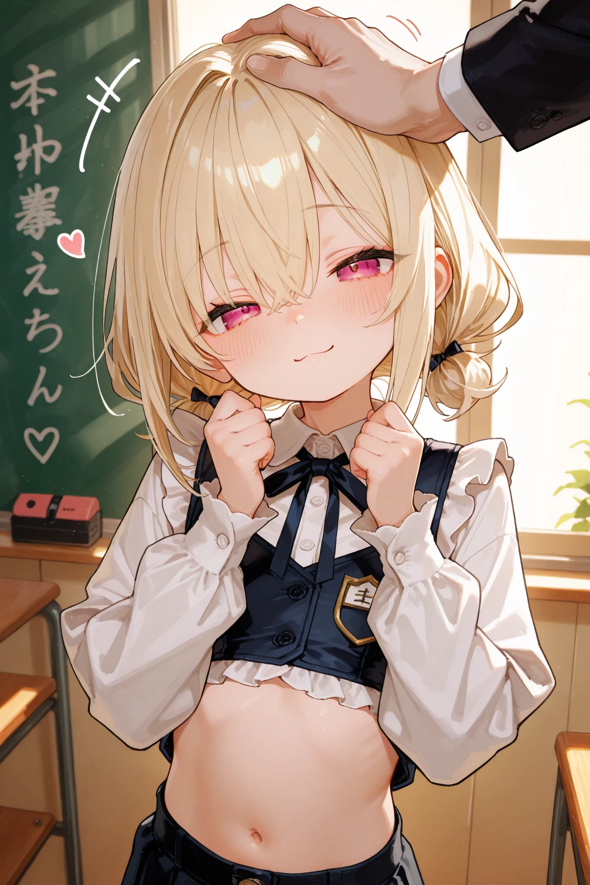 Classroom、Perfect human body、She is wearing a high school uniform、Shorthair、cute little、close your eyes and laugh、