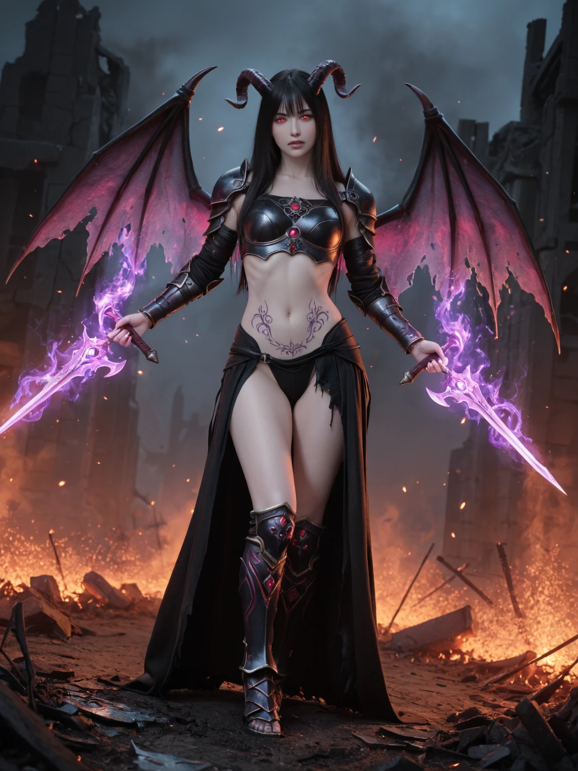 Rihanna hyper-giant, Hyper-powerful demon with two demon horns on his head and demon wings, Purple lightning fire on a building and shatters buildings , ville en ruine post apocalyptique,