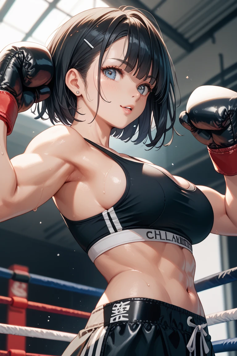 Injured Japanese female high school mixed martial artist during a match in the ring。Short black hair。Glaring at someone。Punching。A fighting expression。Drenched in sweat。A well-trained body。Six Pack Abs。Small breasts。Erect nipples。White and pink sports bra、bikini。Open Finger Gloves。whole body