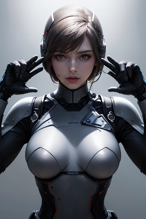 huge breast, hands on own breast,breast focus,Breast kneading, Woman body defined thick thighs cybernetic body parts, short underwear,upper body,ultra high res, (photorealistic:1.4), raw photo,16K,dramatic lighting,