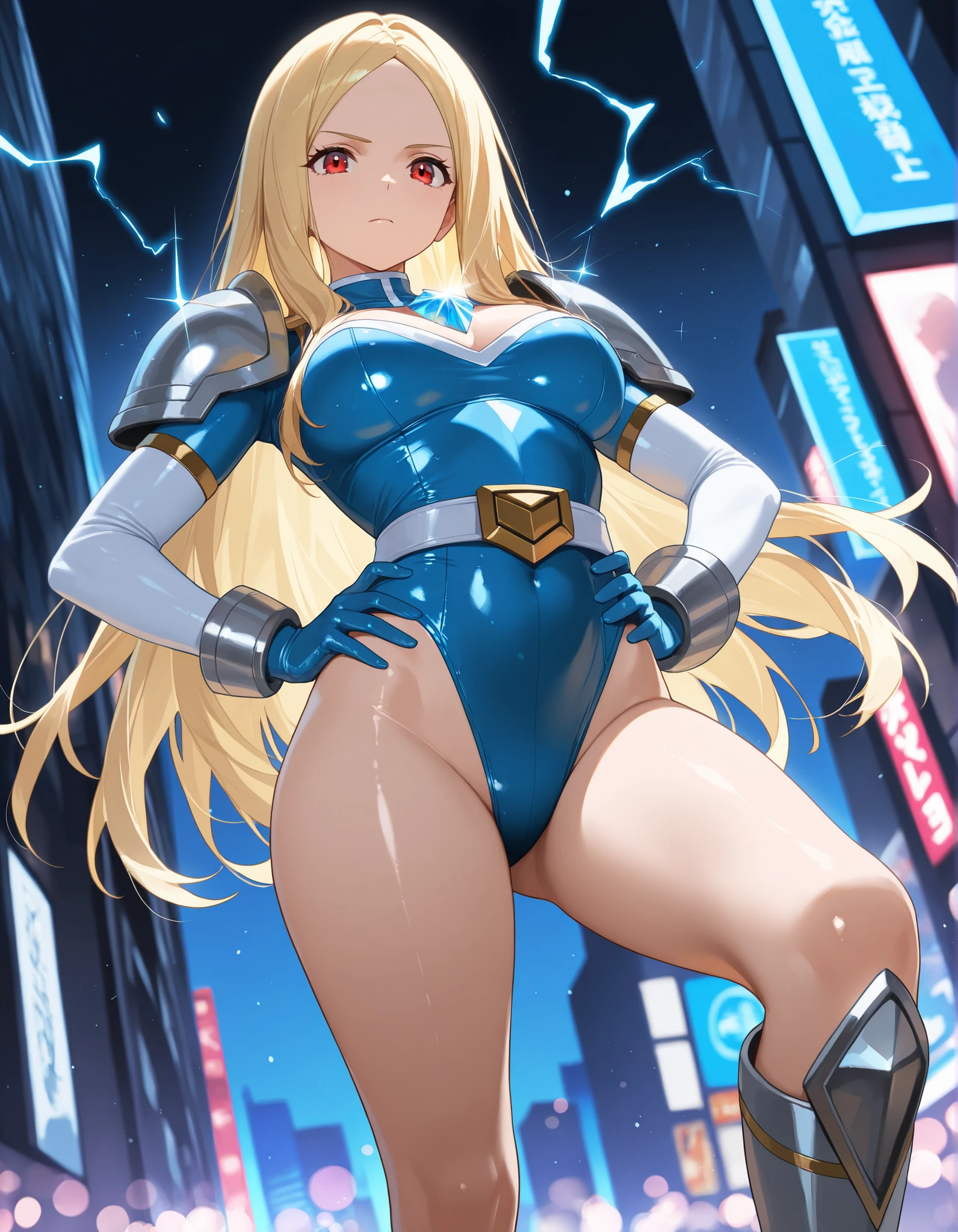 masterpiece, best quality, tachibana mizuki, purple bodysuit, cleavage, purple gloves, standing, cowboy shot, looking at viewer, smile, closed mouth, large breasts, shiny skin, night sky, stars, streetlights <lora:mizuki-nvwls-v2-000010:0.9>