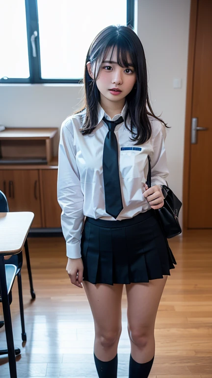 (8K, Raw photography, top-quality, ​masterpiece:1.2),  One Woman、Japan at the age of 18,fullllbody.{scinematic angle、Wide Angle}（Realistic Skins 1.4）、（（（female high-school student、School Uniforms、）））、{{‎Classroom、Sitting on a chair、}}（（School Uniforms、Cutter shirt、pleatedskirt、Slippers、））、50mm Lens、30mm film、wide angles、（long、straight haired、）、（A dark-haired、The forehead is hidden by bangs、）、Black eyes、shinny skin.Beautiful delicate face、Beautiful delicate eyes、｛tiny chest、Voluptuous body shape、Thicker thighs｝、One piercing in each ear、
