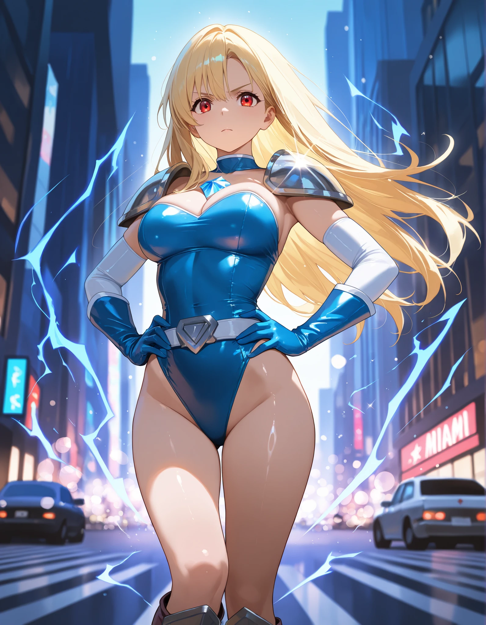 1girl, tall body, light blonde hair, aquamarine eyes, boots, breasts, bracelets, full body, hair ornament, (shoulder-length hair, ponytail, bangs), full body with costume, (leotard, perfect leotard, gymnast outfit leotard, white leotard with blue accents, bare legs), hi-tech shoulder pads, (white boots), medium breasts, perfect hands, complete fingers, perfect anatomy, perfect proportions, solo, solo focus, superhero, ((blue lightning logo on chest)), beautiful detailed eyes, beautiful detailed face, age 18, asuka suit, full body portrait, body infused with electricity, diffraction spikes, heroic, standing straight, hands on hip, cowboy shot, city backdrop