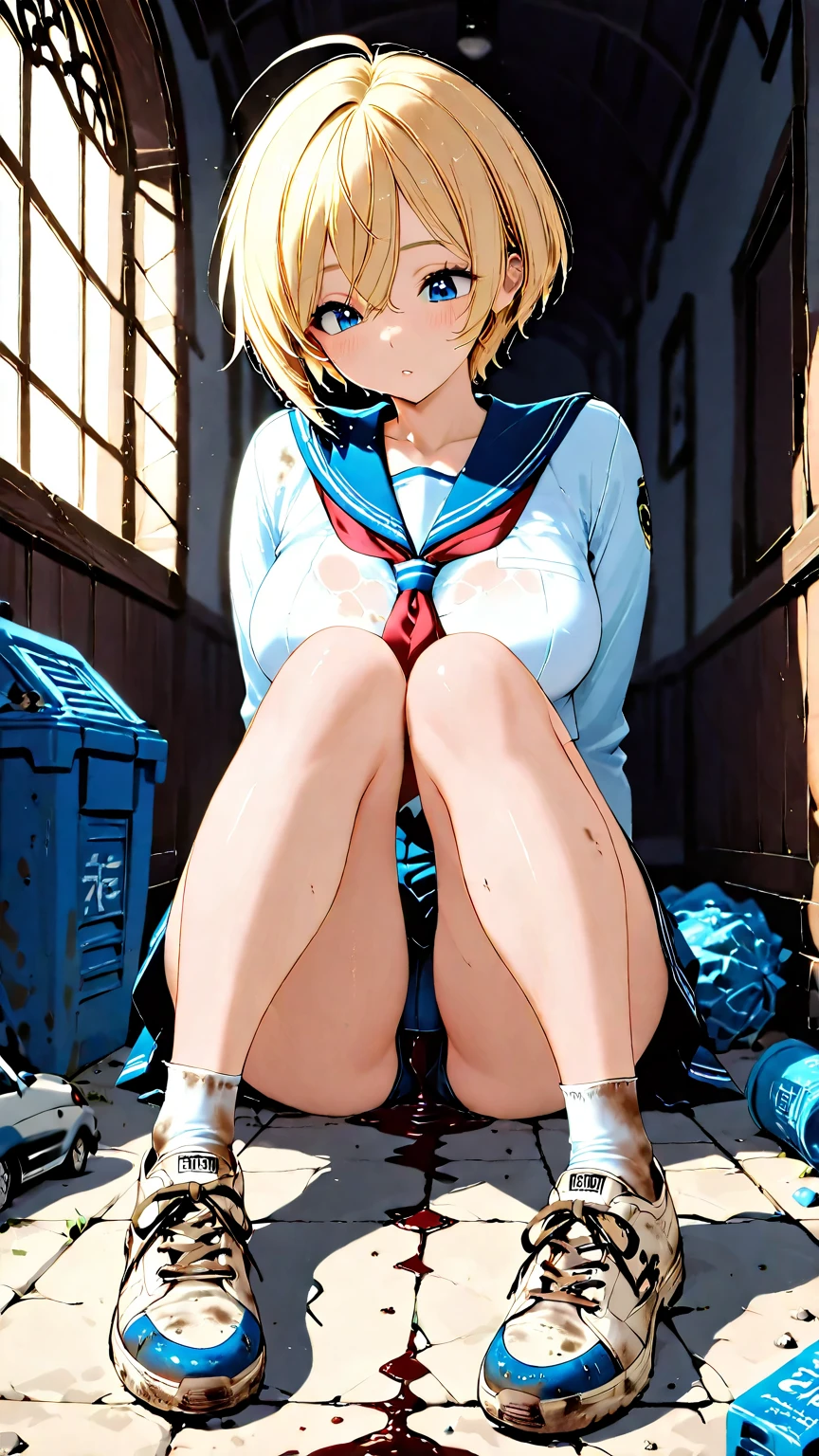 ((Correct Anatomy)),(Are standing),(Female student),((school uniform)),((Short sleeve)),(Mini Pleated Skirt),(((Black Stockings))),((Lace panties)),(Lace bra),((School stairs)),Ultra-high resolution,Mature Woman, Mature Woman, Very detailed,Sunburned skin,Brown Skin, (Big Breasts),((Beautiful feet)),Perfect hands, Detailed fingers, Beautiful details, ((Long blonde hair)),((ponytail)),Black Choker, Earrings,Perfect Eyes, Captivating eyes,(open-chest)