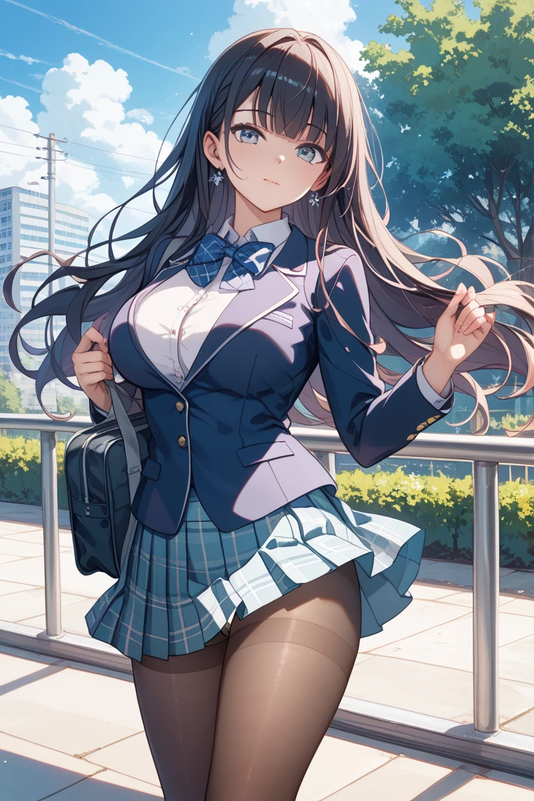 Long Hair, Blue eyes, Brown Hair, Ribbon, Large breasts, Anime,cleavage, school uniform, black short skirt, Ponytail,