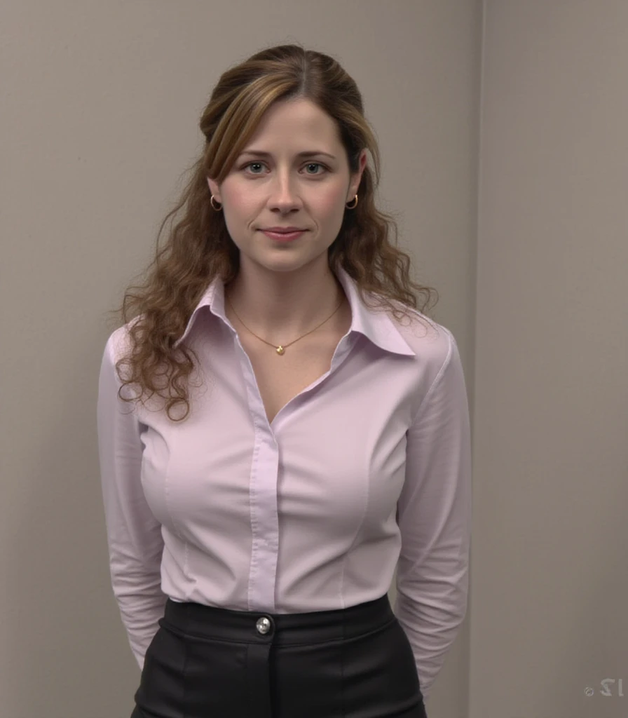 (((HD photo))), ultra high res.photorealistic:. 1.4, UHD, masterpiece, trending on artstation, one girl, ((full body)), solo, Pam Beesly, Jenna Fischer, cute, light blue cardigan worn over white shirt, black pencil skirt, office, (cinematic lighting, perfect lighting), (vivid colors), slim, thin, hourglass figure, small breasts, model,  perfect body, looking at viewer, parallel to the camera, ((detailed face, detailed eyes)), soft, delicate, beautiful girl, thin girl, (allurement)