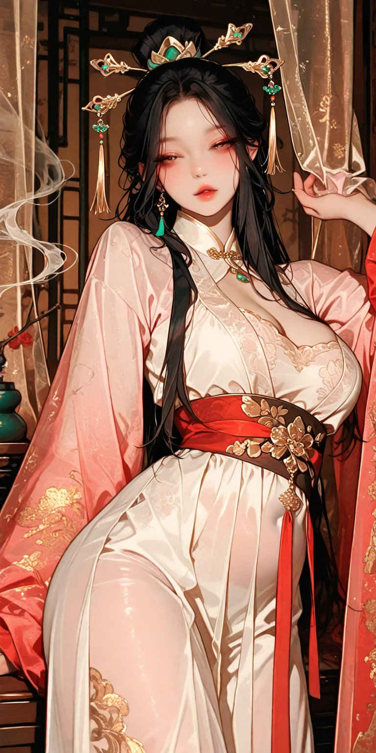(masterpiece:0.8),best quality,
Comprehensive comparison,gongbi painting,1 girl,solitary,bead寶,Hand fan,red Lips,Chinese clothes,Black Hair,Simple background,looking at the audience,earrings,Keep fan,red skirt,Hair accessories,Keep,Smile,Lipstick,红nail,cosmetic,ring,tassel,Long sleeve,necklace,skirt,have,bead,nail油,shut up,black eyes,Everlasting,Paper fan,bracelet,long hair,Weaving,gem,flower,Wide sleeves,Brown eyes,Lips,Black tiara,robe,Book,Forehead Mark,Hair Bun,Hairpin,crown,nail,mole,(Become a , (((Large Breasts))) (((A plump teardrop-shaped chest,)))Expose((Cleavage)), 、Thick thighs, Wide hips, Curvy beauty, Perfect body）
