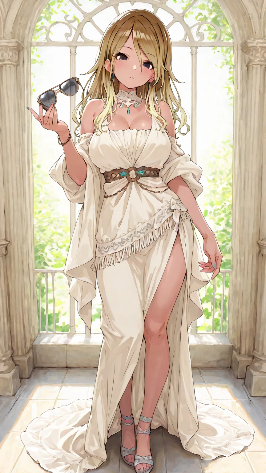 Elwing is an elf of great beauty and elegance, with distinctive physical characteristics of their race. She has a voluptuous figure with large, well-formed breasts., a wasp waist that highlights your natural grace, wide hips and a large, toned butt that reflects her strength and agility. Your skin has a soft and pale tone, typical of elves, and is adorned with subtle tattoos that represent ancestral symbols of her lineage.Appearance:Hair: long and silky, of a bright blonde that cascades over her shoulders.Eyes: Green as the leaves of the trees in spring, shining with wisdom and mystery.Facial features: Delicate and angular, with softly defined cheekbones and slightly full lips.expression: Serene and self-assured, with a look that reveals a mix of determination and compassion.outfit:He is wearing an elven robe of emerald green silk., with a deep neckline that shows her collarbone and part of her chest. The tunic falls in soft folds around her figure, complementing her curves.A long skirt, but adjusted to your body, reveals her slender legs as she walks gracefully.A gem-encrusted golden belt adorns her waist., adding a touch of elegance.Wear delicate bracelets and rings, made of silver and precious stones, shining with sunlight filtered through the forest canopy.
