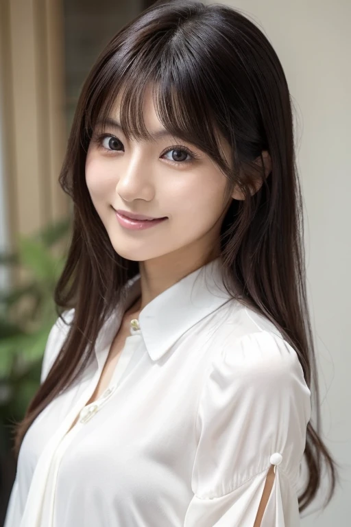 (High resolution、High resolution、high quality、High resolution、すべてをHigh resolutionで描画する)、Vivid crystal light blue eyes、Very small diamond-shaped earrings、Look straight at the camera、Listen carefully、light in your eyes、droppy big eyes,Beautiful very short black hair、Beautiful hair with beautiful and very short bangs、Straight beauty Bang、Beautiful neckline、Beautiful 28 years old、Lip gloss、Long neck、smile、Beautiful teeth alignment、beauty、Beautiful woman、Pure white open-collar business shirt、A pure white business shirt with an open chest、medium breasts,cleavage,Lengthen the left and right ends of your bangs、Beautiful composition、Beautiful Supermodel、????? from the waist up,(looseroom,loose:1.25)