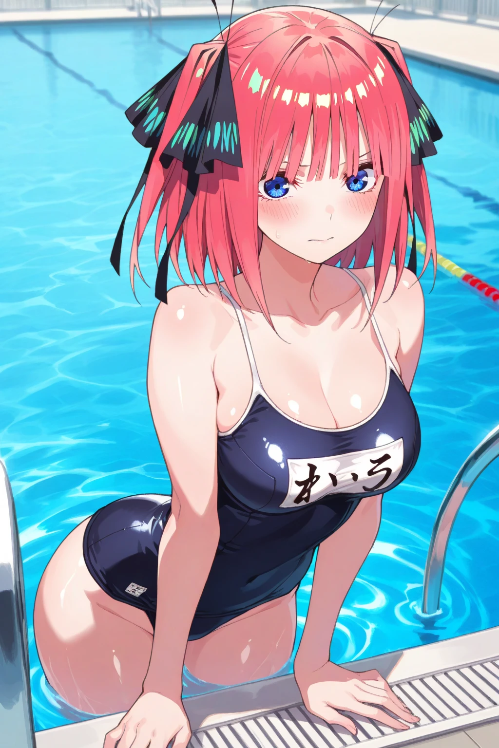 best quality, insanely detailed, nino nakano, one piece swimsuit, breasts, blush, Spread legs, swimming pool, back style