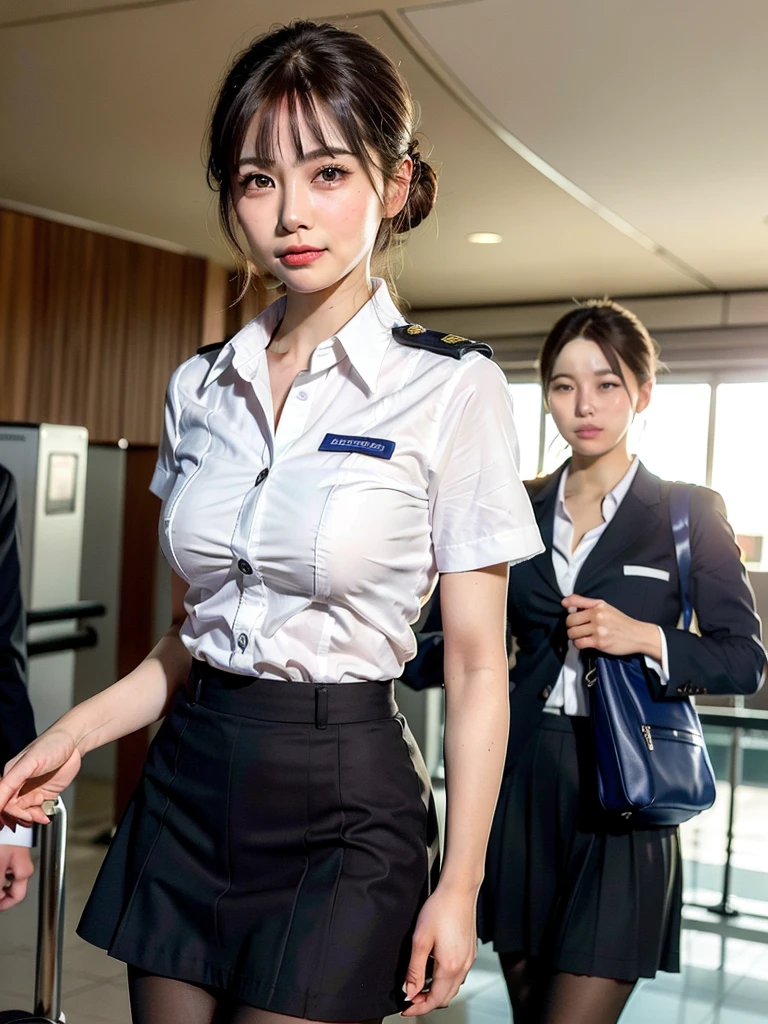 (in 8K、Raw photography、Highest Quality、realisitic、Photorealsitic、Professional Lighting、​masterpiece、extremely delicate and beautiful、Highly detailed、finely detail、ultra-detailliert、hight resolution、full-shot)、There were several men huddled on the plane、1girl in、One woman in a black suit、Black jacket、white  shirt、a black skirt、Beautiful face:1.5、slim proportions、small tits:2、small tits、Young man in suit、Hug her from behind:1.5、Other young men flipping up skirts、I can see the white panties、Draw in clear detail whose hand it is、Pubic hair is visible、((( are visible)))、Eyes open:3、moaning in pain、feeling in pain、auw、Following the pain、moaning in pain、Pain in the face frowning、I'm looking at you、(((Cabin Crew)))、(((On the plane)))、NSFW