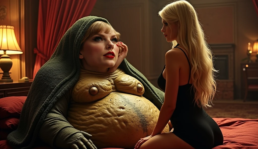 official art, unity 8k wallpaper, ultra detailed, beautiful and aesthetic, beautiful, Dappled Light, (film grain), (warm hue, warm tone), cinematic light, side lighting, Princess Leia (Star Wars): , extremely long juicy tongue sticking out, skimpy outfit, mouth extra wide, gaping mouth, mouth open larger than possible, foot long tongue, tongue freakishly long, super obese, fat extra large giant fat body, nipples visible through clothes, large breasts, wide hips, thick thighs, large belly, extra fat, bubble butt, extra wide hips, huge fat belly, obese, large butt, fat ass, curvy, voluptuous body, bimbo body, nsfw, cinnamon bun hairstyle, tongue visible, open mouth, gapping mouth, long wet tongue, drooling, on tattooine, stiletto heels, high heels, full body view, extremely large breasts, boob window, really wide hips, on a pillow longue chair, hookah machine, in the desert, food everywhere, covered in grime, closed eyes, tongue out, golden hoop earrings, long acrylic nails, surrounded by sexy bimbos, harem of women, chained women, smoke in the room, bikini wearing girls, by boris vallejo and  Grzegorz Rutkowski