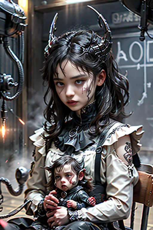 ((best quality)), ((masterpiece)), (detailed), perfect face (((masutepiece, of the highest quality, super detailed))), hand drawn style, hand painted style, watercolour, sketch, a knight, white background, plain background, Bloodborne inspired, tatty Bloodborne attire, occult aesthetic, occult, tatty red and white clothing detailed and intricate steampunk and detailed gothic lolita (with a hood), long coat, Complex laced boots, Fluttering lace flared long knee length dress with frilly petticoats, long dress, knee length dress, pleated petticoats, lolita dress, petticoats gothic lolita, beautiful small breasts, (((( Highly detailed face))), small thin nose, Small thin lips mouth, (((Very sharp focused eyes))), Very large slit precision pale grey eyes that shine like jewels. very long eyelashes, Silver hair swaying in the wind, Emitting a dazzling light in a mandala pattern, white background, Very dramatic and cinematic lighting, tatty damaged old red and white clothing, full body, whole body, body, cosmic horror, grim dark
