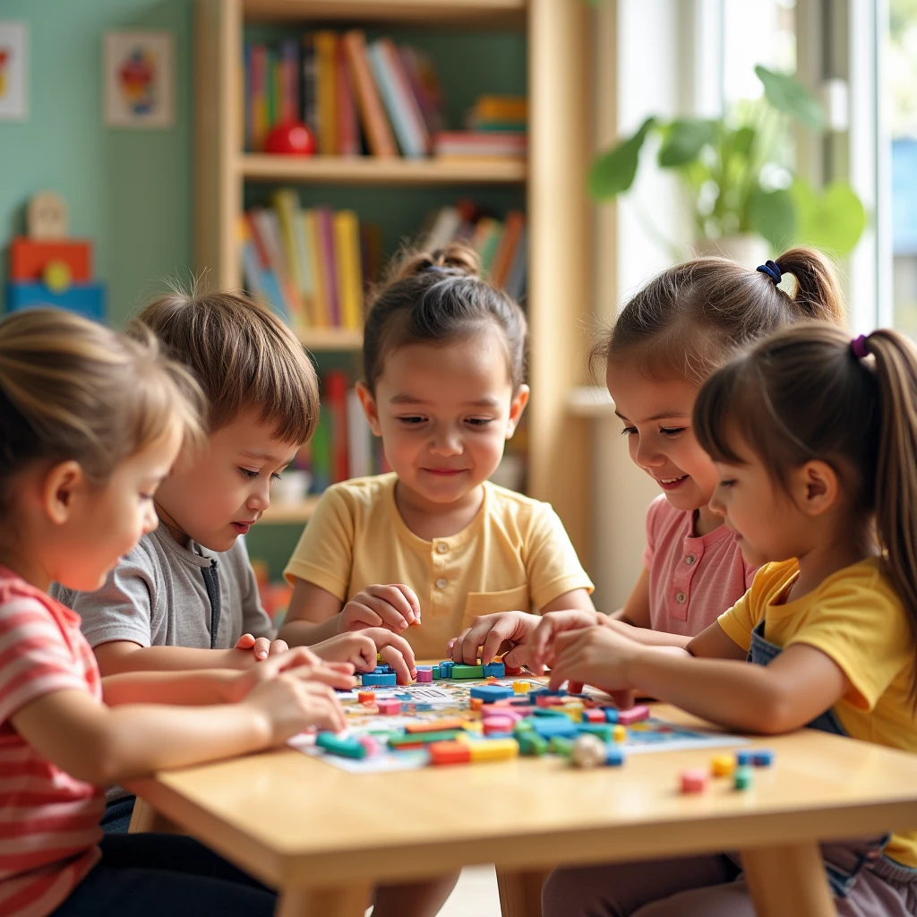  blonde de 8 ans en train de jouer avec d'autres enfants. L'image prend tous les enfants. L'image se déroule à la crèche. On voit tout les têtes des enfants. La fille ne sais pas quelle est photographier point elle essaie d'assemblée des Lego. L'image est pris avec un téléphone. L'arrière-plan n'est pas flouté.