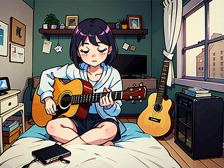 (masterpiece:1.2, best quality), (highly detailed:1.3), 1girl, 17yo, (white panties), upskirt, shirt, socks, play electric guitar, sitting on bed, eyes closed, morning light,