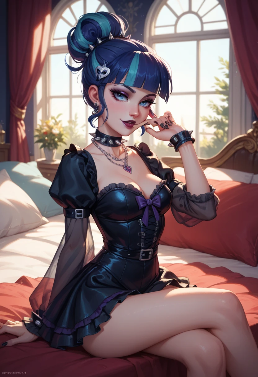 arafed woman in a blue corset sitting on a bed, beautiful and seductive anime woman, karol behind uhd, blue corset, style ivan talavera and germ of art, seductive anime girl, zenoscope, Style by Raymond Swanland, germ of art. animated illustration, germ of art style, style germ of art, cyan corset