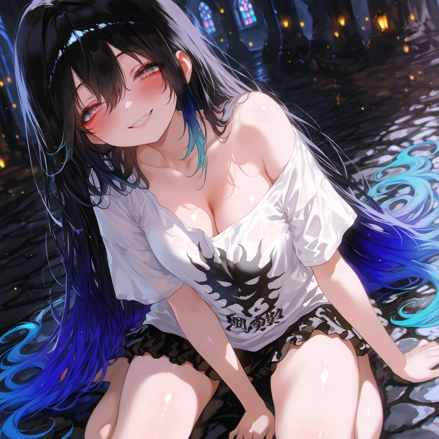 original, 1girl, bangs, bead_bracelet, beads,, black_nails, black_pants, blue_hair, bracelet, braid, breasts, brown_eyes, closed_mouth, crop_top, dutch_angle, earrings, expressionless, forehead, gradient, gradient_background, hair_behind_ear, hand_on_hip, hand_on_own_chest, jewelry, long_hair, long_sleeves, looking_at_viewer, medium_breasts, midriff, multicolored_hair, multicolored_nails, nail_polish, pants, parted_bangs, pill_earrings, red_background, ring, shirt, sidelocks, solo, streaked_hair, twin_braids, twintails, white_shirt, absurdres, highres, blue eyes, braid, laughing, 1girl, blue dress, on grass, (spoken heart:1.3), (smile:1.2), medium breasts, necklace, hand on ground, heart, triforce, (bare shoulders:1.1), thighs, sleeveless, bare arms, strap slip, closed mouth, flower, (oil painting:1.1), (bloom:1.1), (diadem:1.3), blush, (crossed legs:1), sitting, on ground, miniskirt, feet out of frame, water, (cinematic lighting:1.3), (covered nipples:0.7), hair between eyes, wet, water drop, (thigh strap:1.1), falling petals, hands on ground, highres,official art,detailed nose,detailed mouth,vivid color,5 fingers,finely detailed,hyper detailed,detailed hand,8k,finely detailed beautiful eyes,high resolution illustration,Masterpiece,best quality,intricate_detail