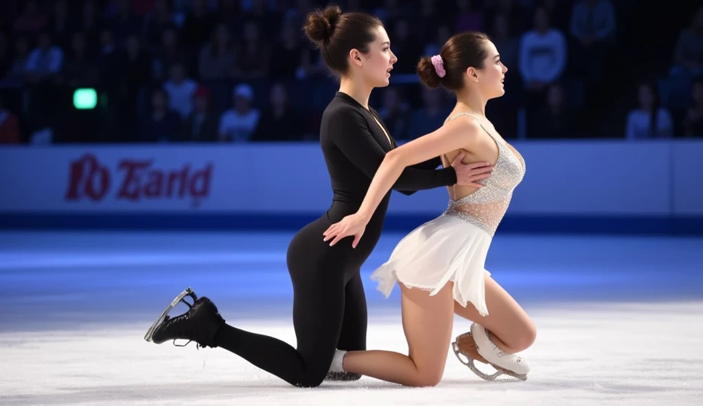 The image shows a couple of figure skaters on ice, kissing while surrounded by applauding spectators