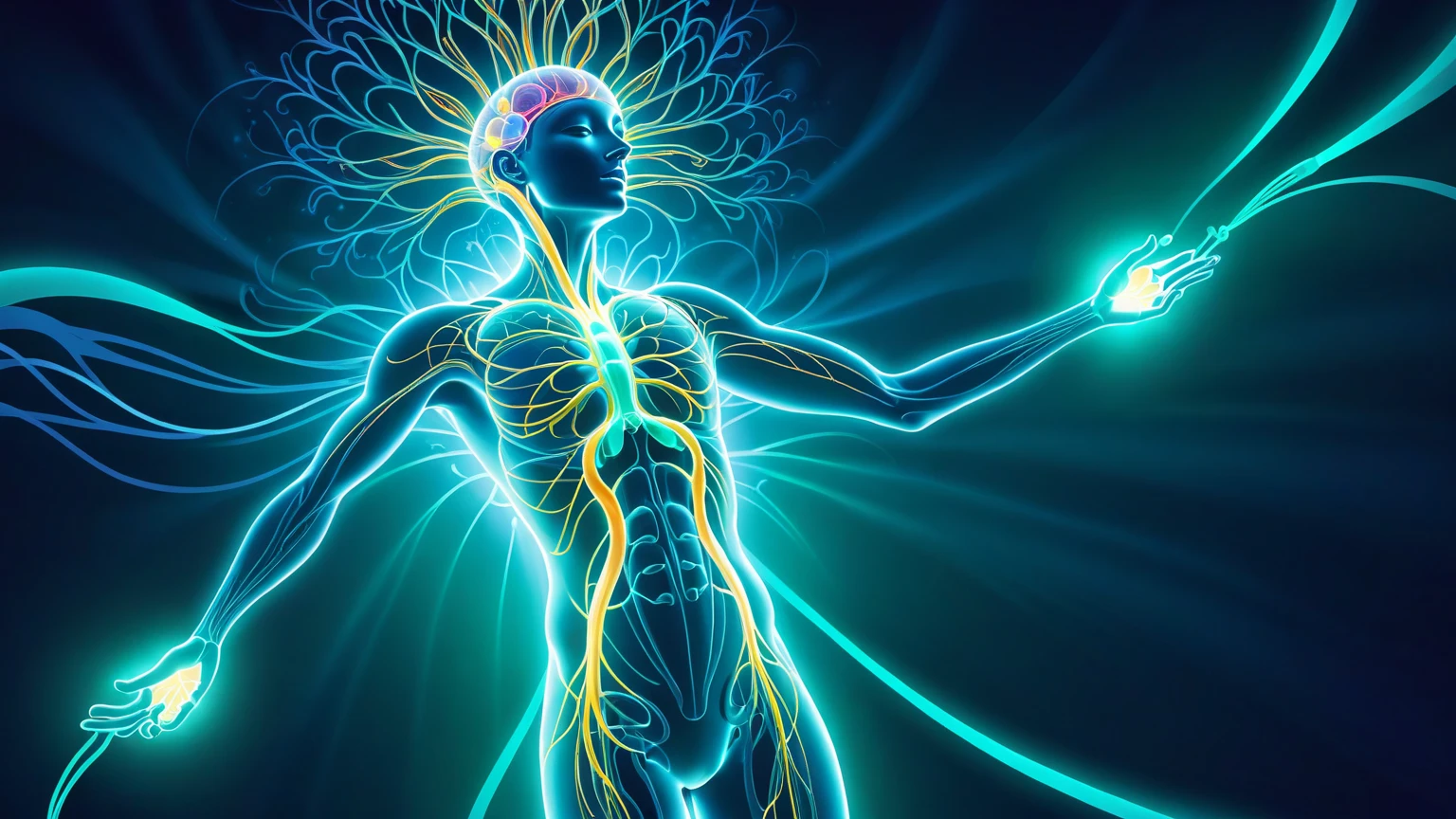 transparent human figure holding hands in front of him, brain made of glowing green lines, golden lines of light going from brain to hands, blue background, close-up, side view, nervous system,