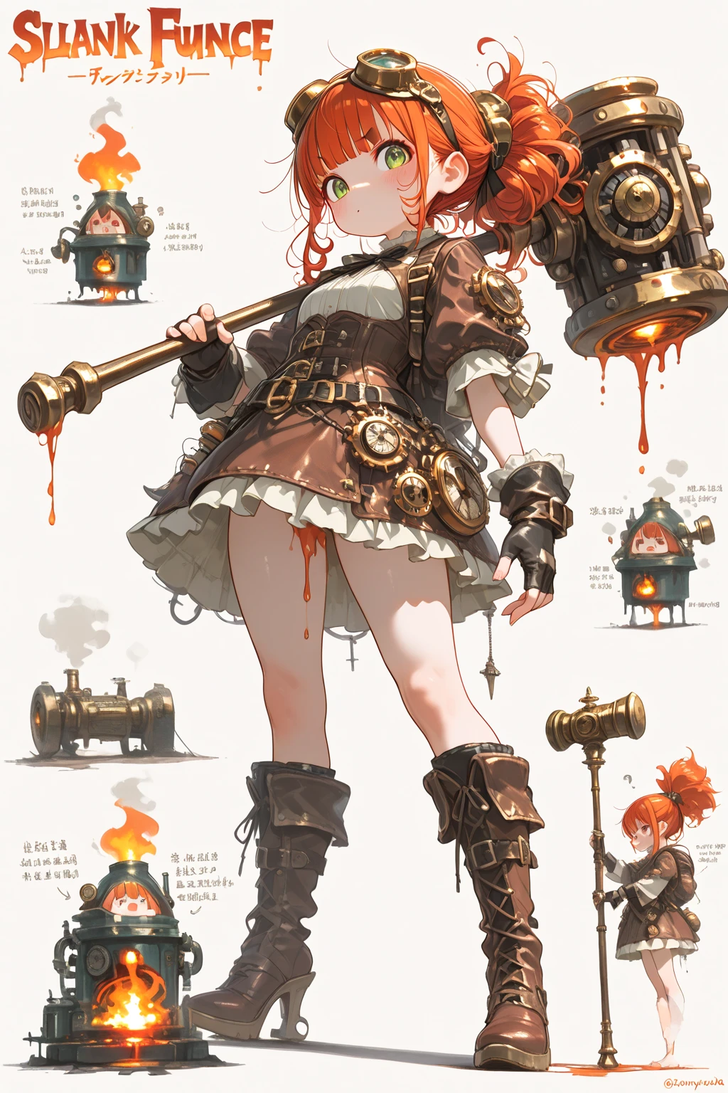 Red-haired girl, green eyes, pigtails, a wreath of horns on her head, a techno barbarian, a huge techno cannon in her hands, a huntress, bones on her body, insect plates, chitin, fur, small bones, light bones and red fur on her shoulders, dark leather stockings made of strips of cut leather on her legs, ropes and light bones on her body, thin panties, a small bra made of bones, bright red hair, Decorations made of horns, fur - a cannon. Instead of panties, a rope, instead of a bra, bones and chitin, fur shoulder pads and with chitin, a tail of hair on the back of the head looks up, a short haircut, a high-tech cyberpunk gun, the girl has green eyes, a playful look, a good-natured smile, a neat nose