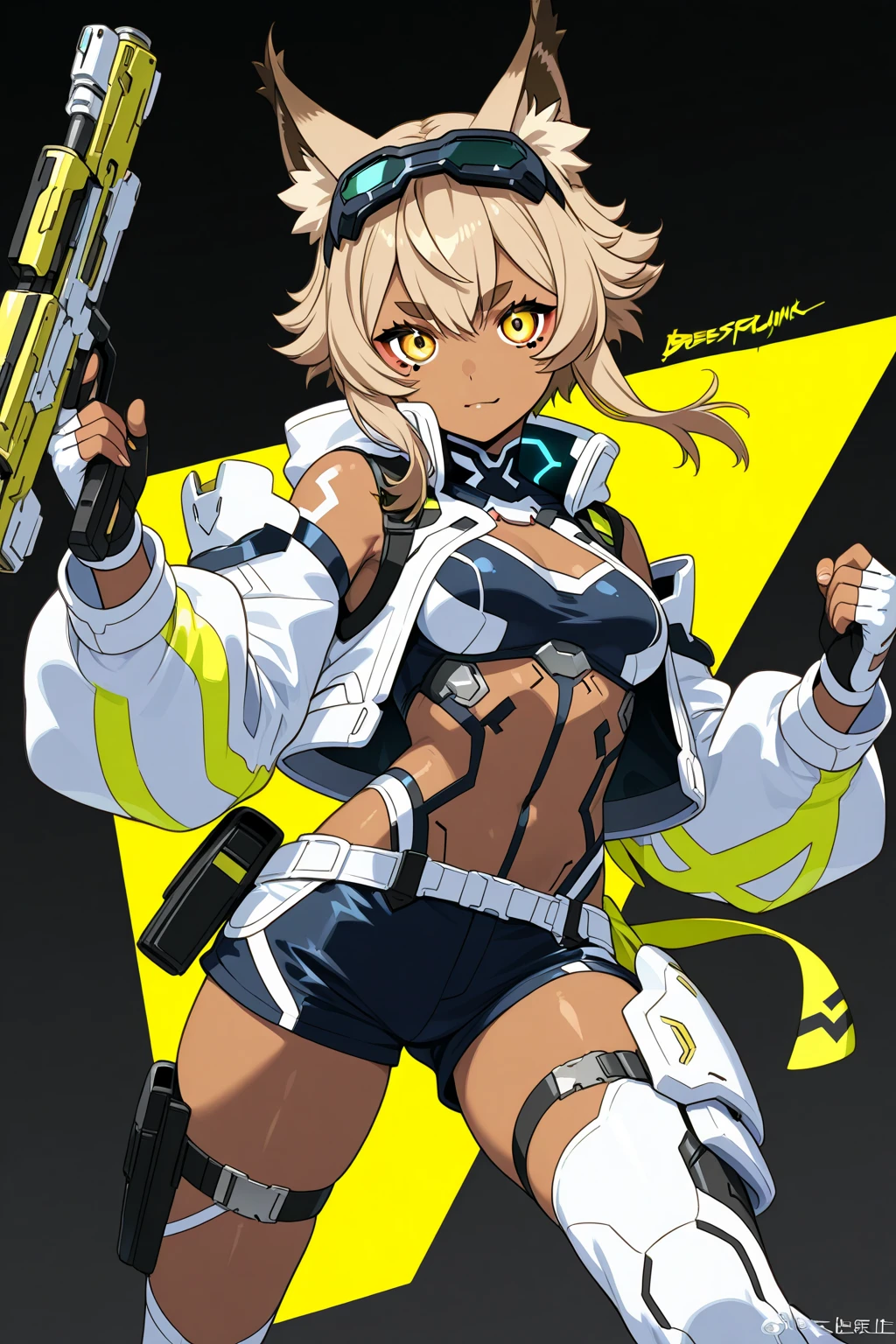 beautiful, masterpiece, best quality, extremely detailed face, perfect lighting, 1girl, solo, grey eyes ,bea \(pokemon\), bodysuit, bodysuit under clothes, fur-trimmed, fur-trimmed jacket, open jacket, abs, cowboy shot, arms behind head, from below