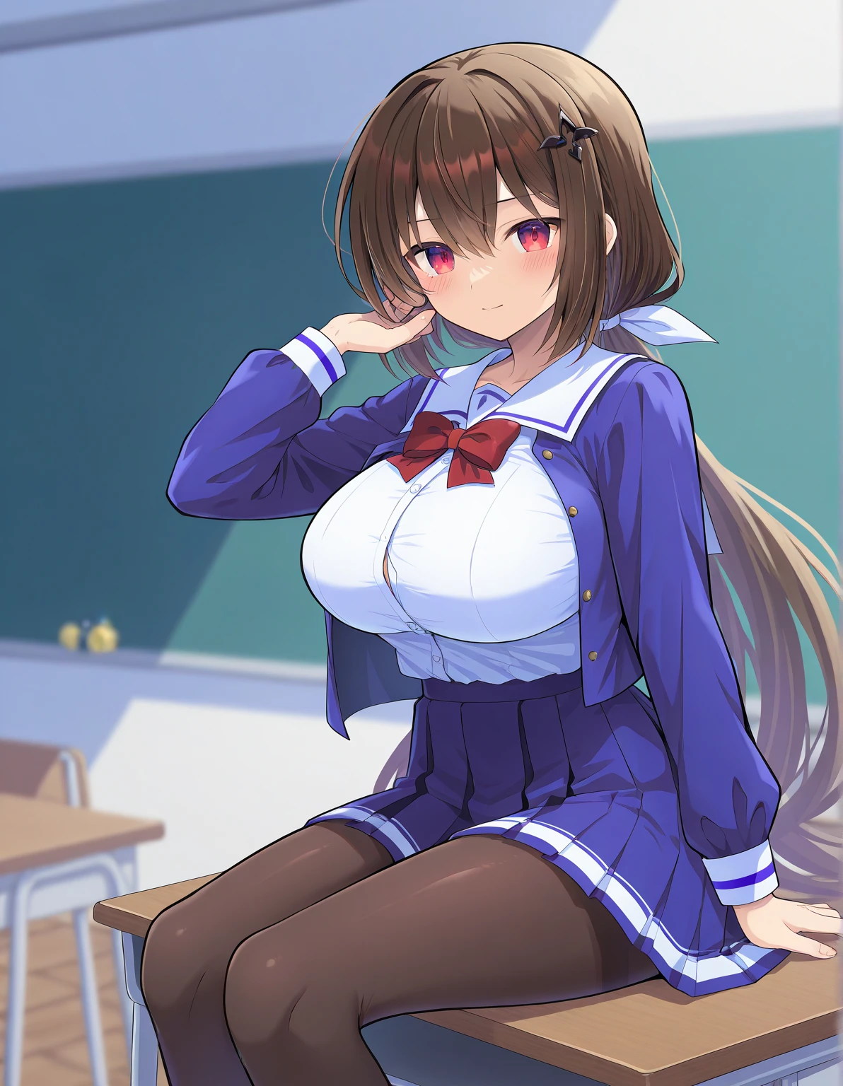 Sexy Young Ebony-Skinned White-Eared Rabbit Girl. In a Library. Wearing a school uniform. Shirt Open showing breasts. Thigh-High Leggings. Full Body. NSFW