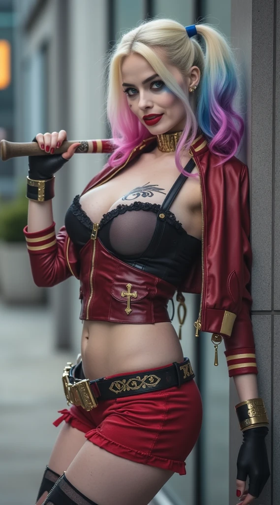 Harley Quinn, erotic 17 years old, big hair, horny, exposed wet hairy pussy, long legs, fogo, posing and spreading in public at town square, people,