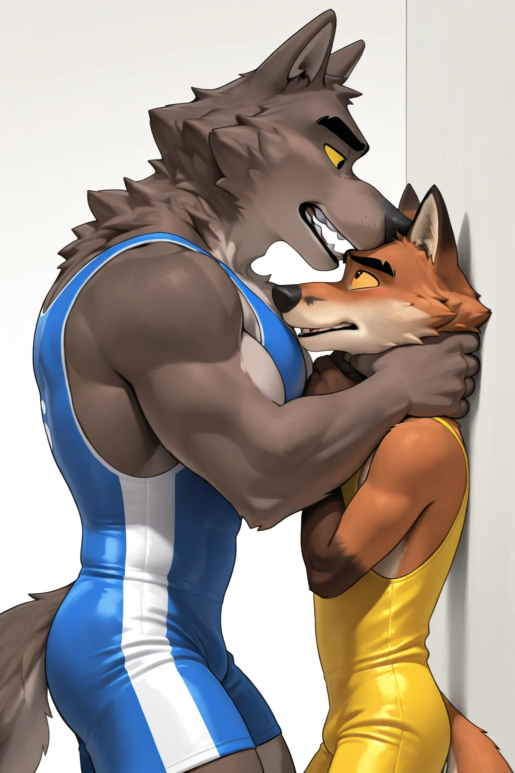 (size difference:1.1), (big wolf and smaller shorter skinny tiny wolf:1.5),(side view:1.1)by personalami, by meesh, by honovy, by taran fiddler, male, anthro (wolf;1.1), (blue fur:1.1), blue skin, white chest fur, ,adult, ((photorealistic, hyperrealistic, ultra detailed, 4k hd)), natural pose, (muscular, large pecs:1.3), ((standing)), ((black wrestling singlet:1.1)),standing next to each other, , (smaller thin red wolf:1.1), ((confident smile)), bulge, ((pose:1.2)), ((locker room background))
