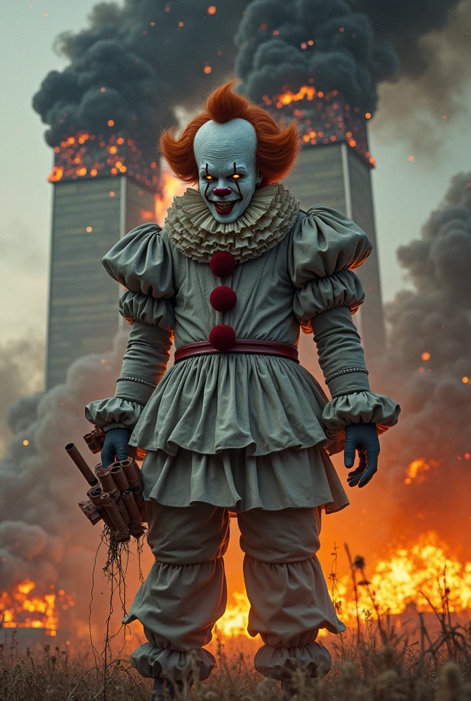 postapocalyptic photography, extreme high angle, a robotic clown in a ruined cityscape, mechanical melancholy, emotionless face, rusted parts, devastated city, broken lighting, overcast dawn, desolation, rust and steel, scattered focus, debris effects, apocalyptic theme, far future, shot on Nikon Z7 II, telephoto lens, 200mm, H.G. Wells style, futurism dystopian, mechanical despair, jagged metal, cracked concrete, isolation, despondency, city of clowns, fragmented vision
