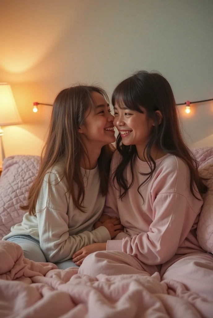 Children 13 years old、1 Beautiful girl、So cute、Pink camisole、A window where sunlight pours in、On the bed with the light streaming in