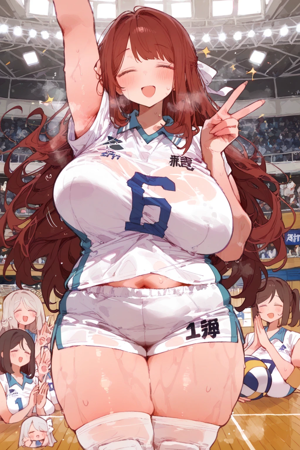 ((Masterpiece)), perfect ???????, perfect shading, field of depth, (best quality), extremely delicate and beautiful, perfect lighting, detailed face, ultra cute face, cute, (cowboy shot 1.2), looking at viewer, full body, (((1girl))), (((solo))), cheerleader
long hair, fluffy hair, brown hair, green eyes, ((blush))), embarrassed, worried, (cheerleader uniform), (blue and white tank top 1.2), (short section skirt 1.2), thigh highs, chocker, extremely tight clothes, large breasts, cleavage, perky breasts, (((wide hips))), ((thick thighs)), ((big butt)), ((plump)), chubby belly, fat rolls, belly hang, she has a jiggly belly,
football field, intricate background, detailed background, sweaty, out of breath
