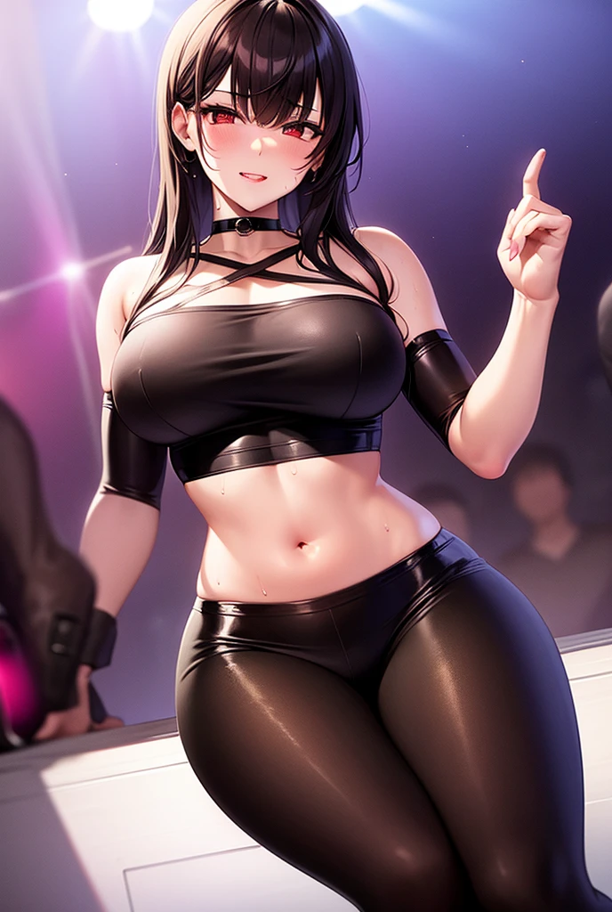 beautiful woman, black hair, orange eyes, freckles, large breasts, cleavage, thin body, extremely long hair, dark skin, strapless high waist leotard, thigh-high legwear, high heels, seductive, happy, smiling, extreme blushing, nightclub background, 4K, 8K, high resolution, best quality,, high definition, ultra-detailed, masterpiece, perfect anatomy