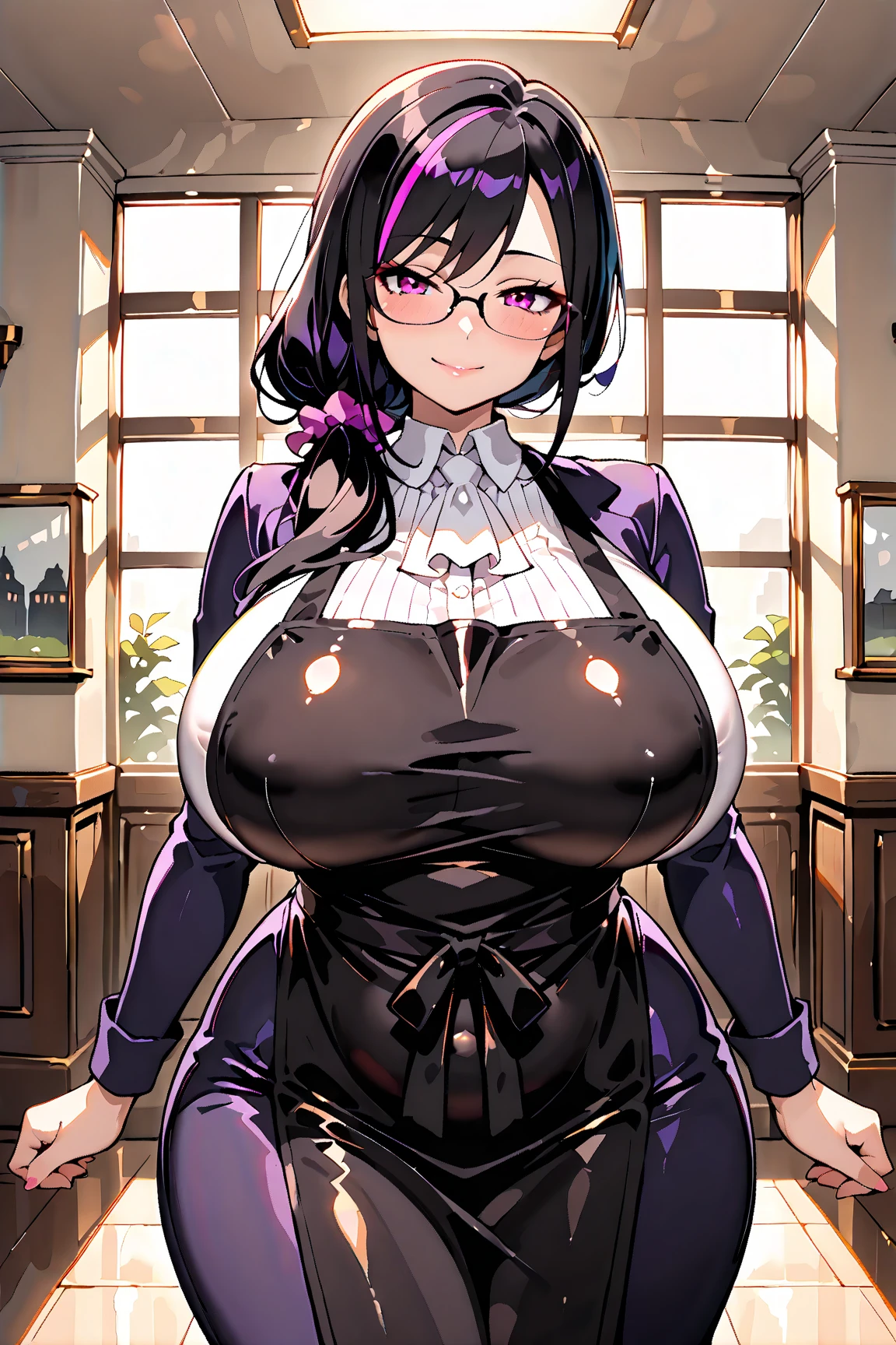 Beautiful young teenager, 1girl, purple hair, blue eyes, extremely short hair, freckles on face, framed eyeglasses, heart shaped choker, happy, smiling, blushing, thick lips, full lips, huge breasts, extreme cleavage, deep cleavage, very thin body, frilly lolita dress, gothic lolita dress, platform high heel boots, cleavage, perfect anatomy, anime convention background, detailed background, ultra-detailed, 4k, 8k, best quality, masterpiece